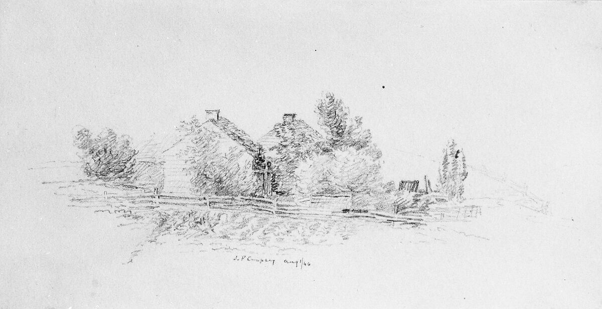 Farm Scene with Cottages (from Cropsey Album), Jasper Francis Cropsey (American, Rossville, New York 1823–1900 Hastings-on-Hudson, New York), Graphite on off-white wove paper, American 