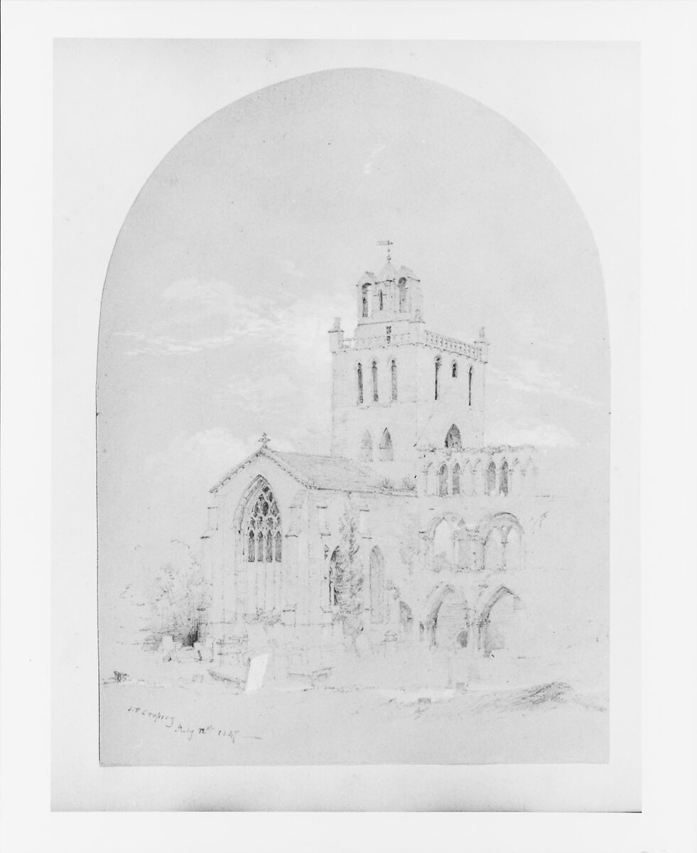 Jedburgh Abbey (from  Cropsey Album), Jasper Francis Cropsey (American, Rossville, New York 1823–1900 Hastings-on-Hudson, New York), Graphite and white gouache on blue wove paper, mounted on off-white wove paper, American