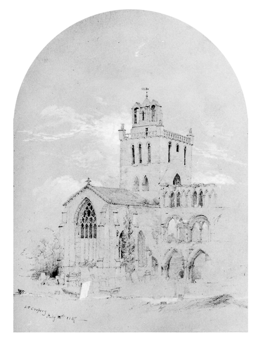 Jedburgh Abbey (from  Cropsey Album), Jasper Francis Cropsey (American, Rossville, New York 1823–1900 Hastings-on-Hudson, New York), Graphite and white gouache on blue wove paper, mounted on off-white wove paper, American 