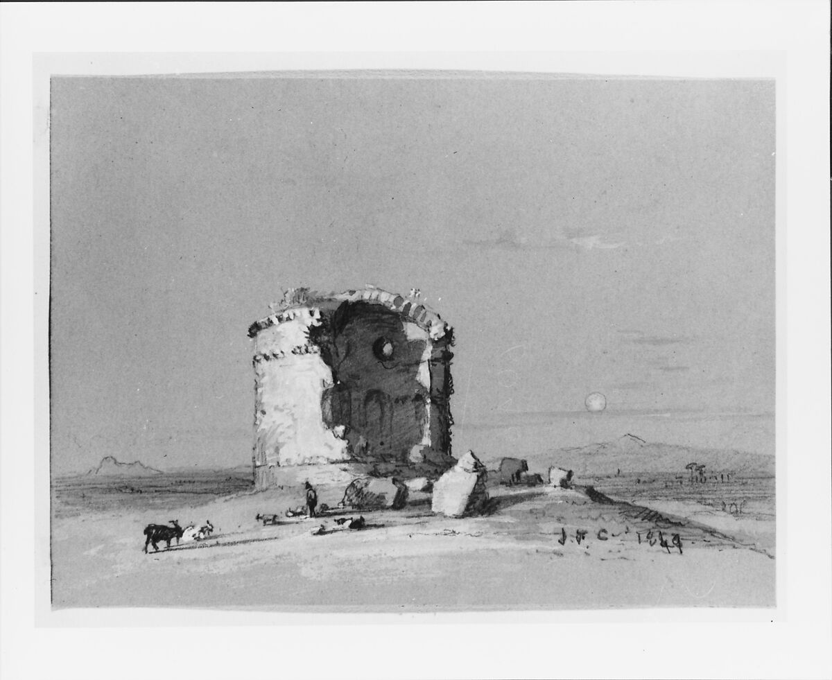 Torre dei Schiavi, The Roman Campagna (from Cropsey Album), Jasper Francis Cropsey (American, Rossville, New York 1823–1900 Hastings-on-Hudson, New York), Graphite, white gouache, and brown and gray ink washes on dark buff wove paper, American