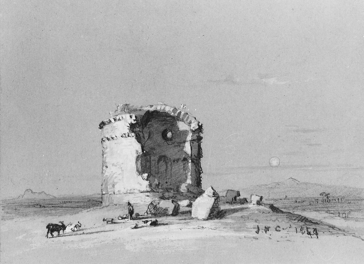 Torre dei Schiavi, The Roman Campagna (from Cropsey Album), Jasper Francis Cropsey (American, Rossville, New York 1823–1900 Hastings-on-Hudson, New York), Graphite, white gouache, and brown and gray ink washes on dark buff wove paper, American 