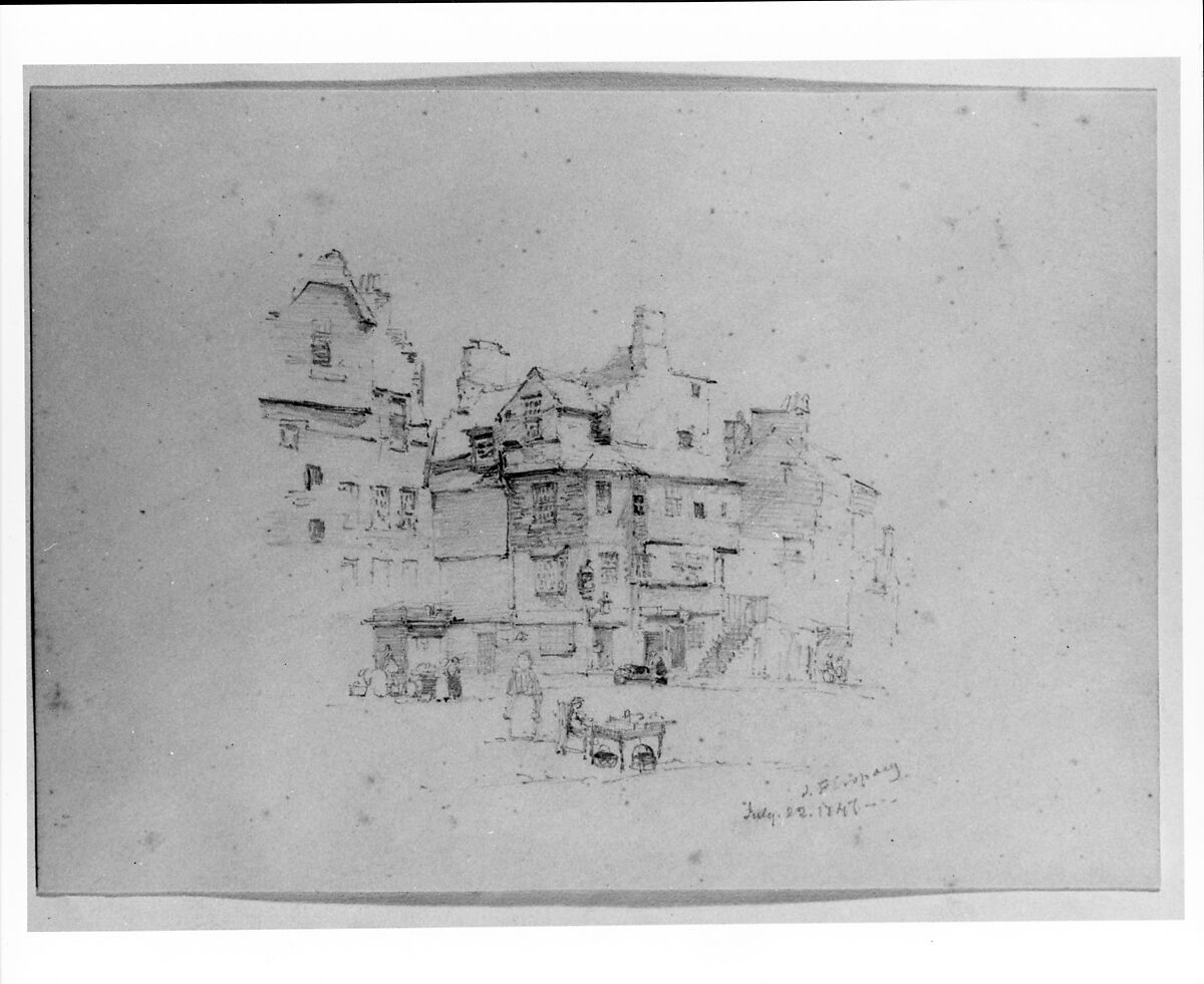 Village Square with Figures, Doune, Scotland (?) (from Cropsey Album), Jasper Francis Cropsey (American, Rossville, New York 1823–1900 Hastings-on-Hudson, New York), Graphite on off-white Bristol board, American