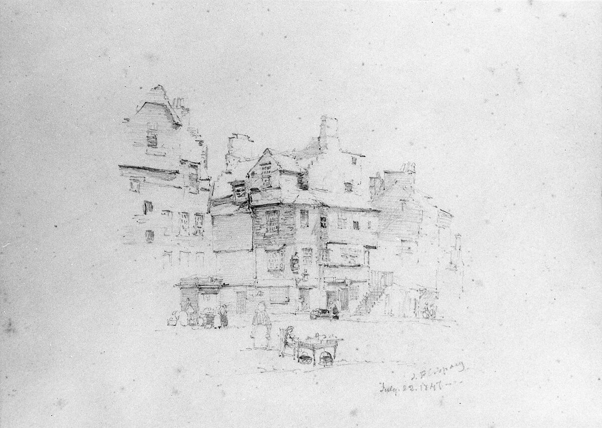 Village Square with Figures, Doune, Scotland (?) (from Cropsey Album), Jasper Francis Cropsey (American, Rossville, New York 1823–1900 Hastings-on-Hudson, New York), Graphite on off-white Bristol board, American 