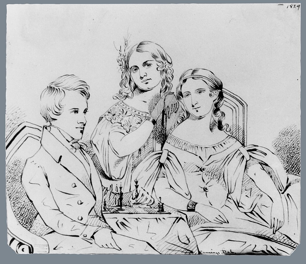 Family Group (from McGuire Scrapbook), Thomas Seir Cummings (American (born England), Bath 1804–1894 Hackensack, New Jersey), Brown and black ink on white wove paper, American