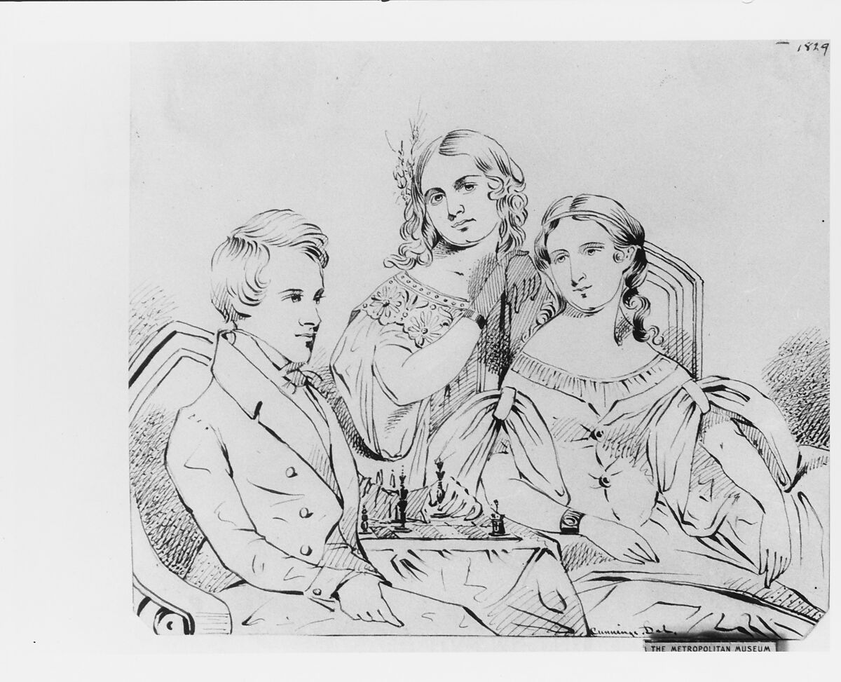 Family Group (from McGuire Scrapbook), Thomas Seir Cummings (American (born England), Bath 1804–1894 Hackensack, New Jersey), Brown and black ink on white wove paper, American 