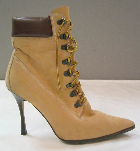 Boots, Manolo Blahnik (British, born Spain, 1942), a,b) leather, wood, cotton, British