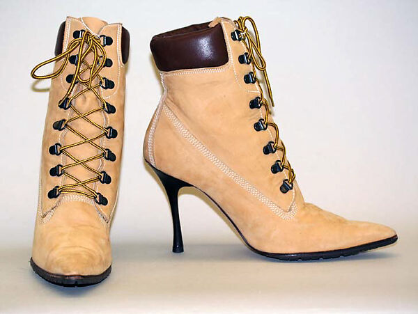 Boots, Manolo Blahnik (British, born Spain, 1942), a,b) leather, wood, cotton, British 