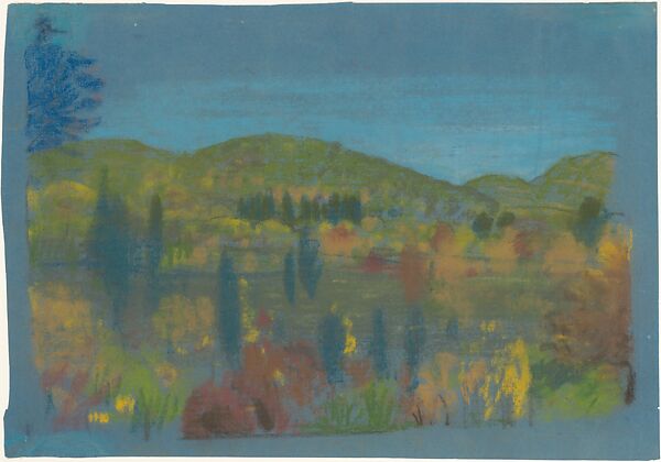 Across the Valley, Arthur B. Davies (American, Utica, New York 1862–1928 Florence), Pastel on bright blue Japanese paper, American 