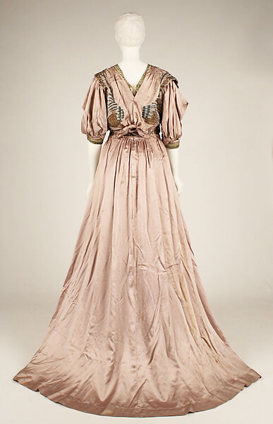 Evening dress, silk, metallic thread, floss, American