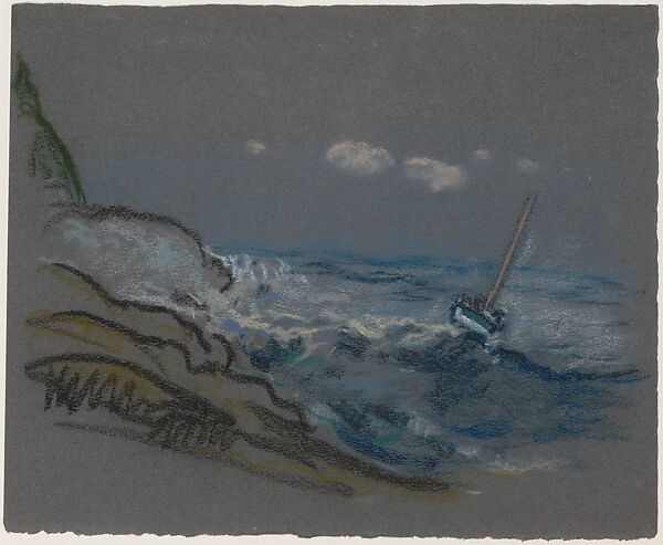 Boat in Distress, Arthur B. Davies (American, Utica, New York 1862–1928 Florence), Pastel on dark gray wove paper, American 