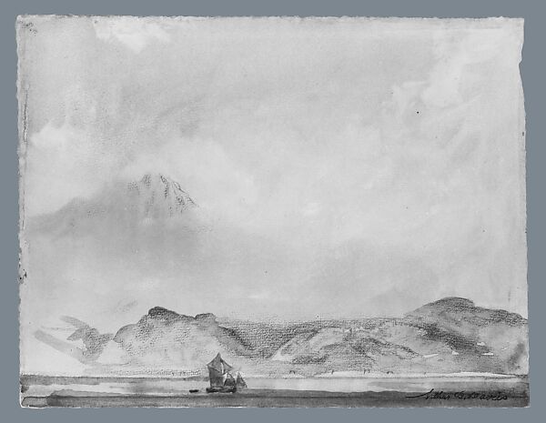 Coast Scene with Boat, Arthur B. Davies (American, Utica, New York 1862–1928 Florence), Watercolor and pastel on tan oatmeal laid paper, American
