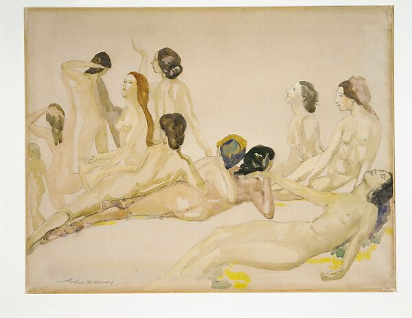 Eleven Nudes, Arthur B. Davies (American, Utica, New York 1862–1928 Florence), Watercolor and graphite on tan laid paper, American