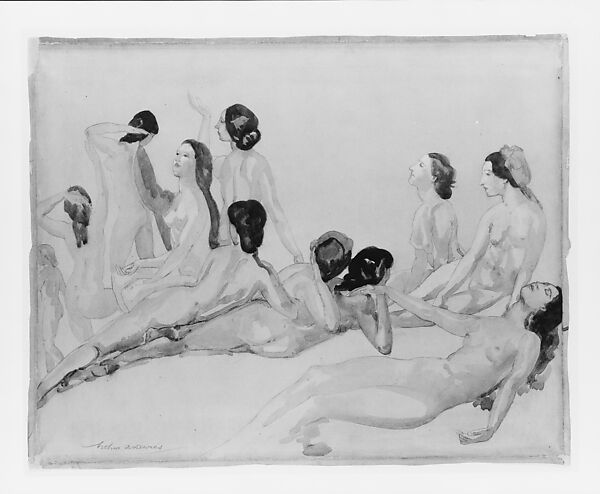 Eleven Nudes, Arthur B. Davies (American, Utica, New York 1862–1928 Florence), Watercolor and graphite on tan laid paper, American
