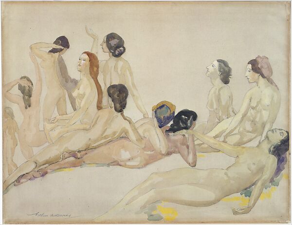 Eleven Nudes, Arthur B. Davies (American, Utica, New York 1862–1928 Florence), Watercolor and graphite on tan laid paper, American 