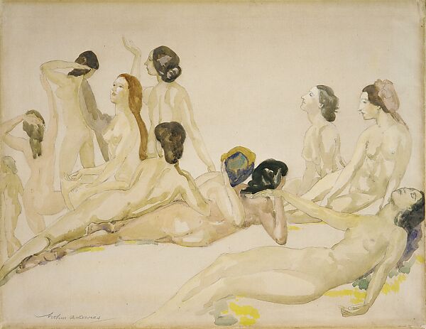 Eleven Nudes, Arthur B. Davies (American, Utica, New York 1862–1928 Florence), Watercolor and graphite on tan laid paper, American