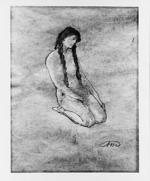 Girl Kneeling, Arthur B. Davies (American, Utica, New York 1862–1928 Florence), Pastel and black chalk on brown paper mounted on coated Japanese tissue, American 