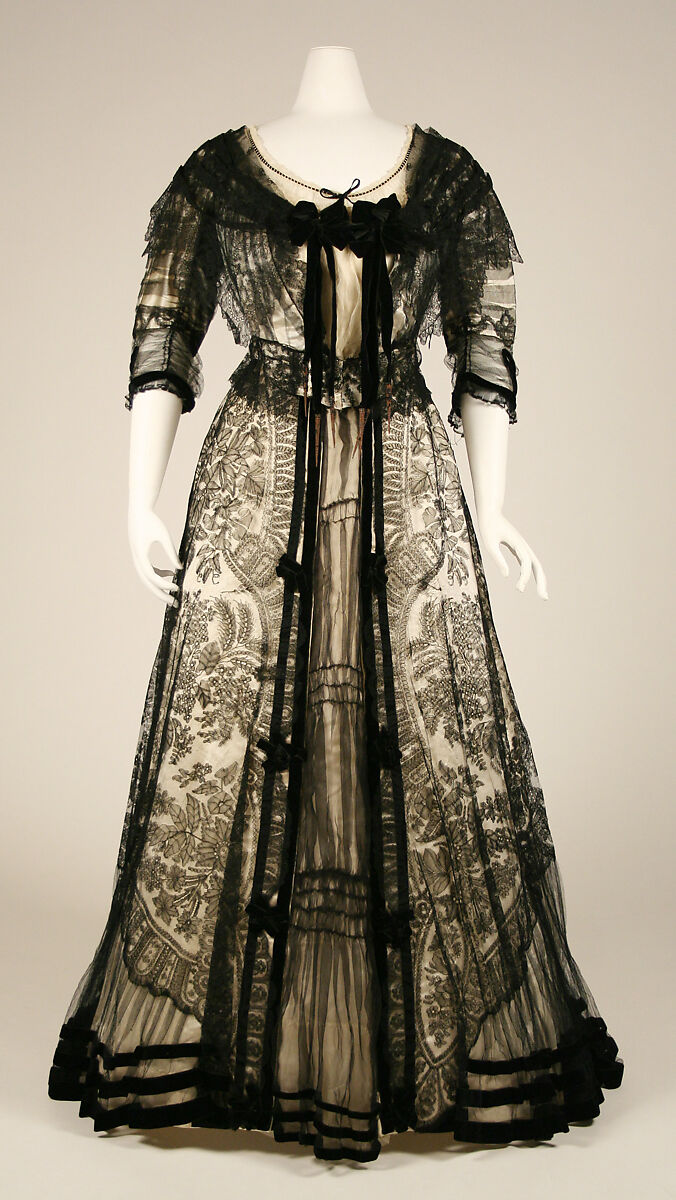 Dinner dress, silk, cotton, metal, British 