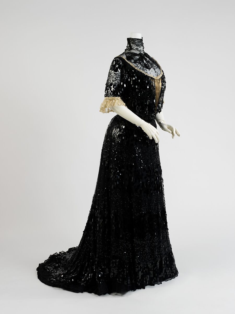 Evening dress, Henriette Favre, silk, cotton, celluloid, French 