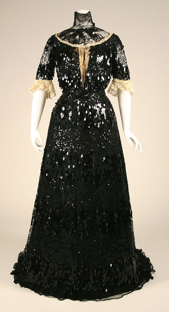 Evening dress, Henriette Favre, silk, cotton, celluloid, French