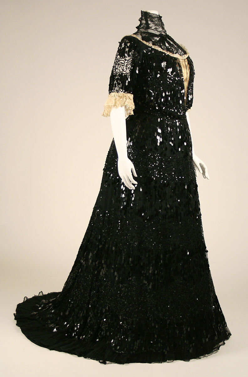 Evening dress, Henriette Favre, silk, cotton, celluloid, French