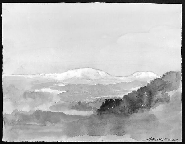 Landscape, Arthur B. Davies (American, Utica, New York 1862–1928 Florence), Watercolor and blue-green pastel on off-white laid paper, American
