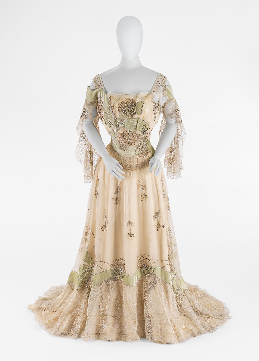 Evening dress, Lucie Monnay (American, born Switzerland, 1861), silk, glass, metallic thread, American