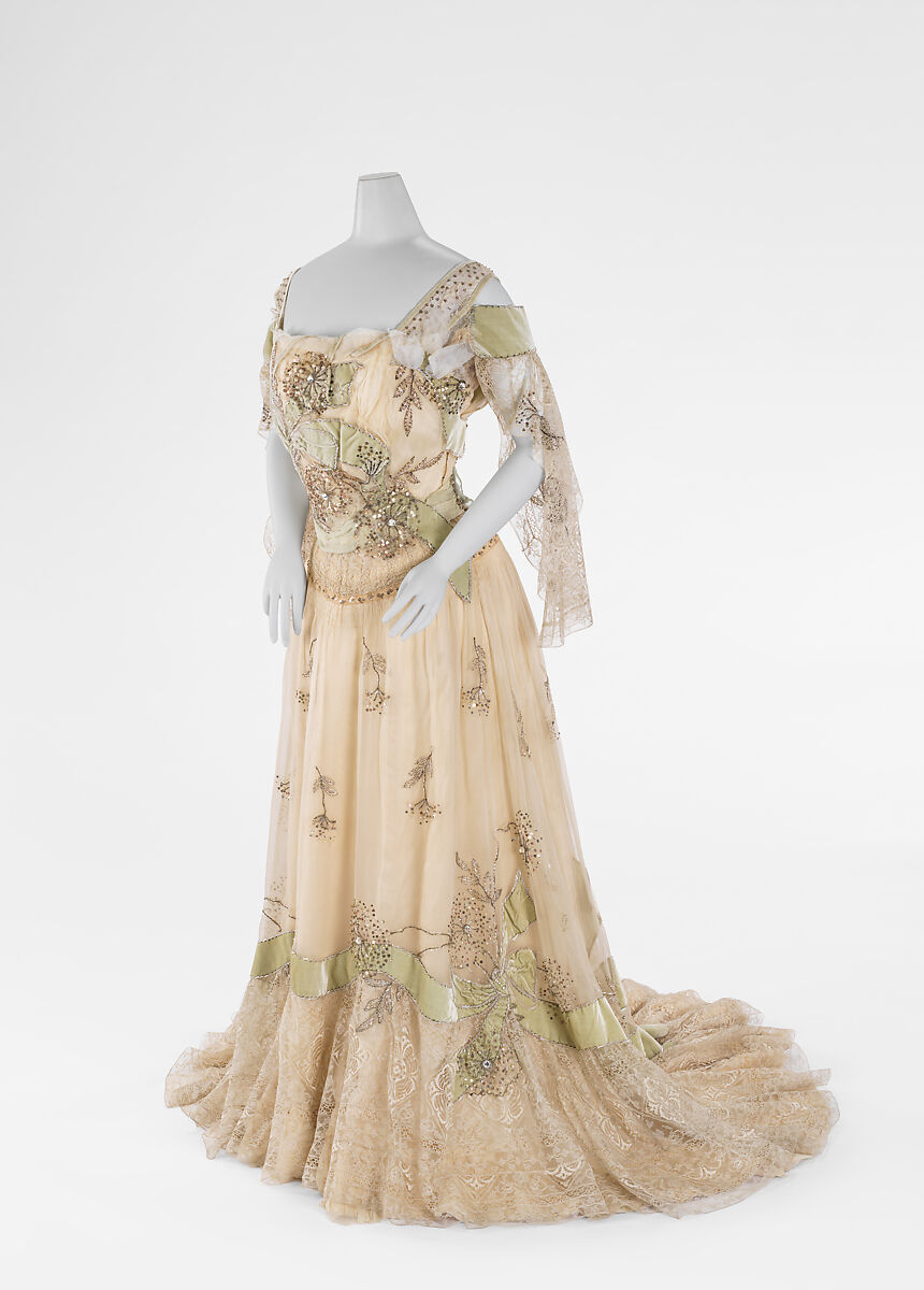 Evening dress, Lucie Monnay (American, born Switzerland, 1861), silk, glass, metallic thread, American
