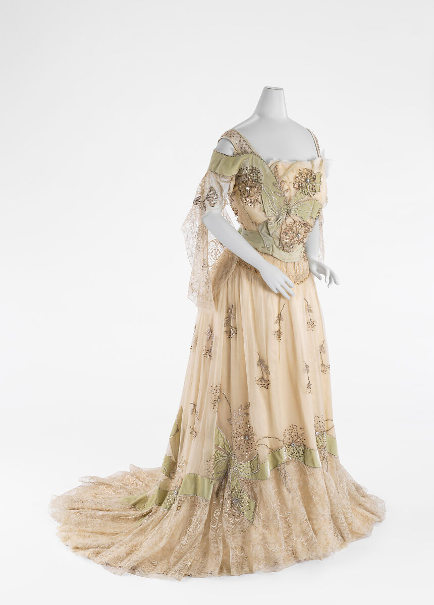 Evening dress, Lucie Monnay (American, born Switzerland, 1861), silk, glass, metallic thread, American
