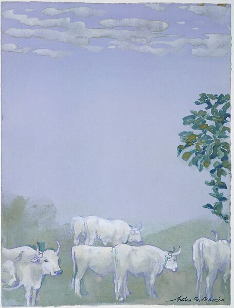 Landscape with Cows, Arthur B. Davies (American, Utica, New York 1862–1928 Florence), Watercolor, pastel, graphite, and gouache on blue laid paper, American