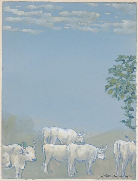 Landscape with Cows, Arthur B. Davies (American, Utica, New York 1862–1928 Florence), Watercolor, pastel, graphite, and gouache on blue laid paper, American 