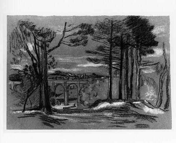 Landscape with Pines and Aqueduct, Arthur B. Davies (American, Utica, New York 1862–1928 Florence), Pastel on dark gray-green wove paper, American