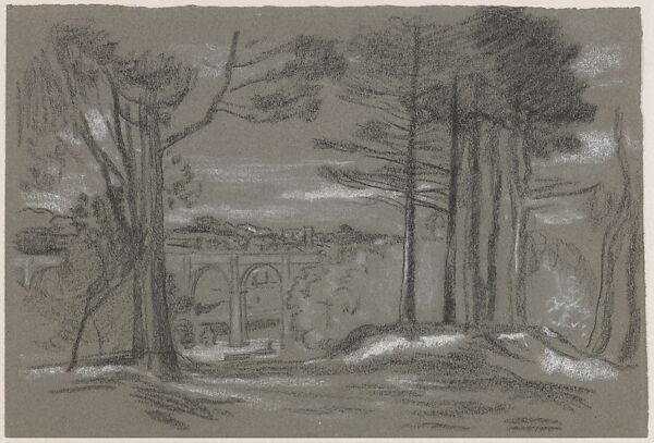 Landscape with Pines and Aqueduct, Arthur B. Davies (American, Utica, New York 1862–1928 Florence), Pastel on dark gray-green wove paper, American 