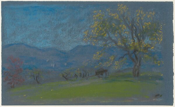 Landscape with Yellow Tree, Arthur B. Davies (American, Utica, New York 1862–1928 Florence), Pastel on blue wove paper, American 