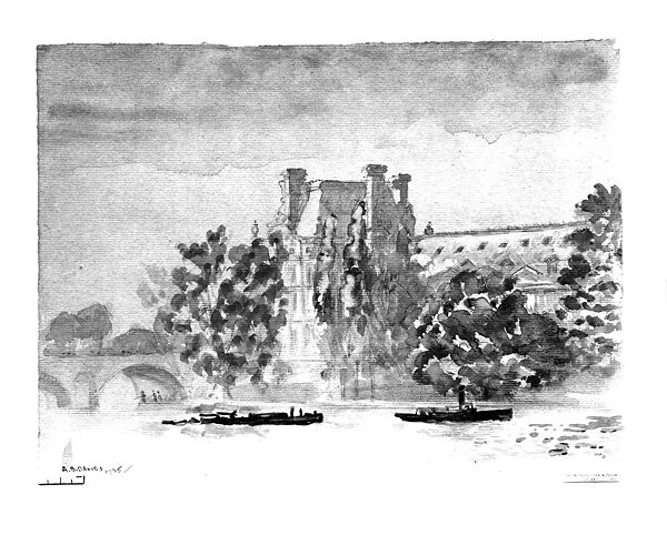 Louvre—Autumn Afternoon, Arthur B. Davies (American, Utica, New York 1862–1928 Florence), Watercolor, gouache, graphite, and blue pastel on light gray paper, American