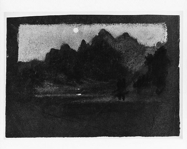 Mountains in Moonlight, Arthur B. Davies (American, Utica, New York 1862–1928 Florence), Pastel and gouache on dark blue wove paper, American