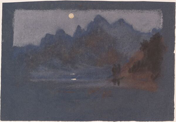 Mountains in Moonlight, Arthur B. Davies (American, Utica, New York 1862–1928 Florence), Pastel and gouache on dark blue wove paper, American 