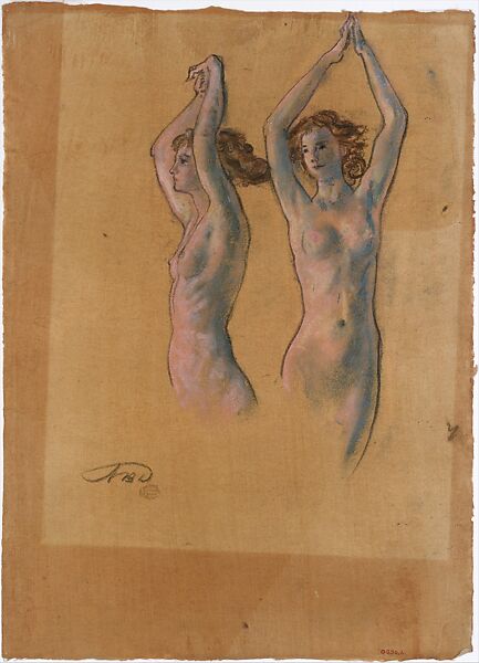 Nude Studies, Arthur B. Davies (American, Utica, New York 1862–1928 Florence), Pastel and black chalk on oiled brown paper, American 