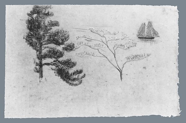 Pine Tree, Dogwood, and Sailboat, Arthur B. Davies (American, Utica, New York 1862–1928 Florence), Pastel on gray Japanese paper, American 