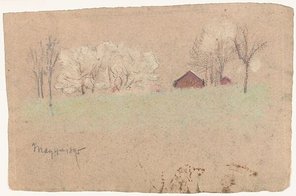 The Red Barn, Arthur B. Davies (American, Utica, New York 1862–1928 Florence), Pastel, black chalk, and graphite on dark pink paper, American 