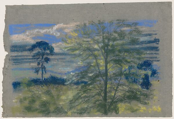 Trees and Fields, Arthur B. Davies (American, Utica, New York 1862–1928 Florence), Pastel on blue-gray Japanese paper, American 