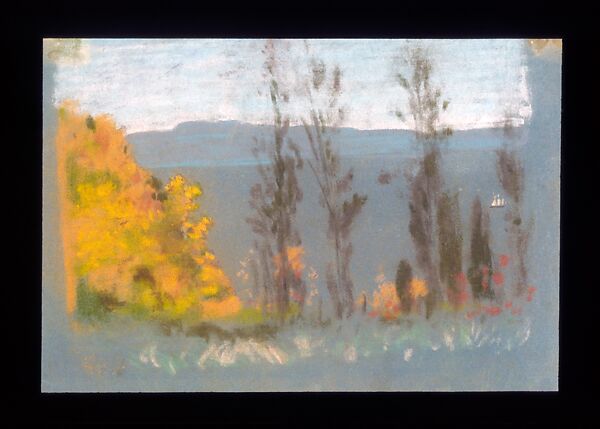 View through Poplars, Arthur B. Davies (American, Utica, New York 1862–1928 Florence), Pastel on blue paper, American