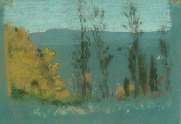 View through Poplars, Arthur B. Davies (American, Utica, New York 1862–1928 Florence), Pastel on blue paper, American