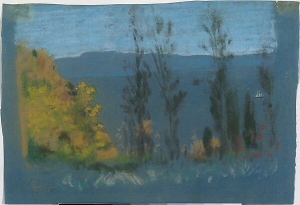 View through Poplars, Arthur B. Davies (American, Utica, New York 1862–1928 Florence), Pastel on blue paper, American 