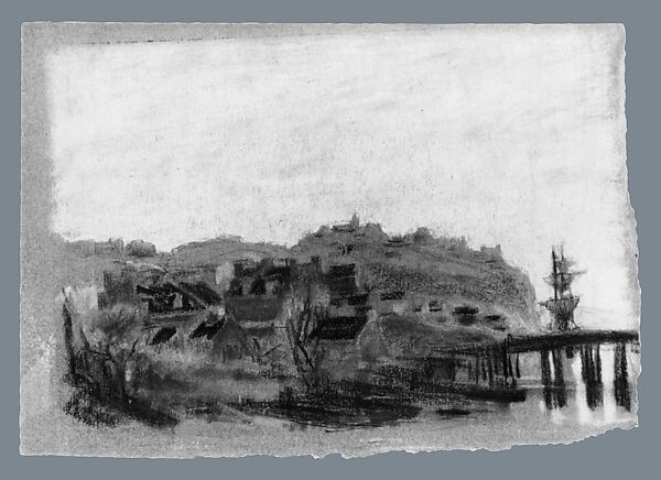Village on the Shore, Arthur B. Davies (American, Utica, New York 1862–1928 Florence), Pastel on blue-gray wove paper, American 
