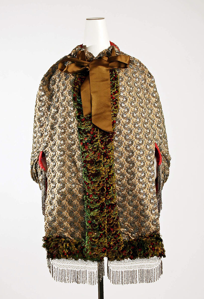 Evening cape, silk, feathers, metal, probably American 