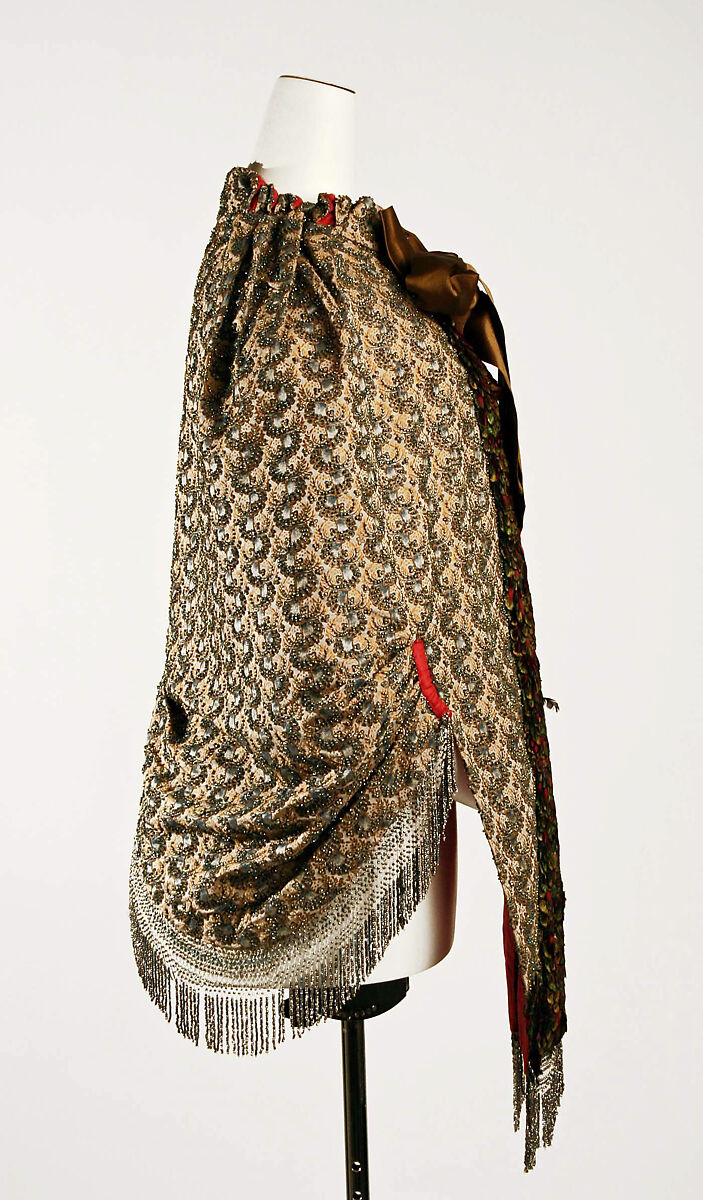Evening cape, silk, feathers, metal, probably American