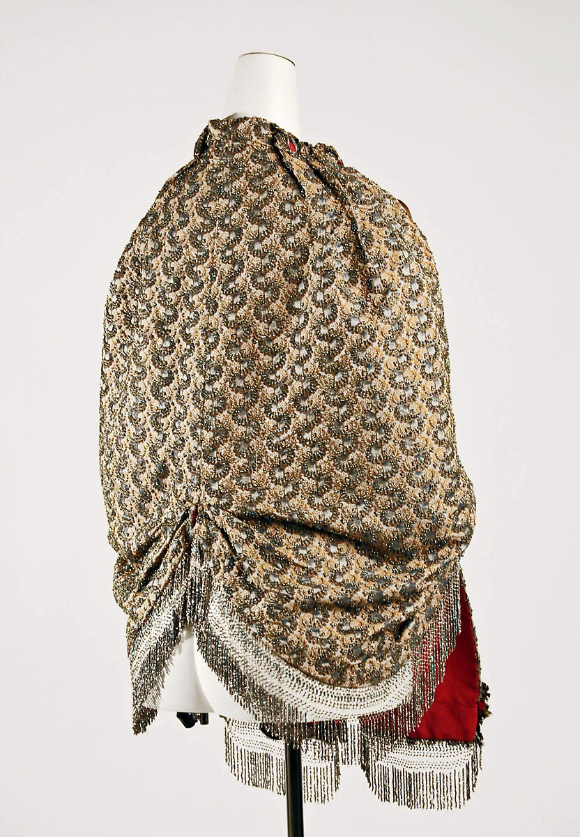 Evening cape, silk, feathers, metal, probably American
