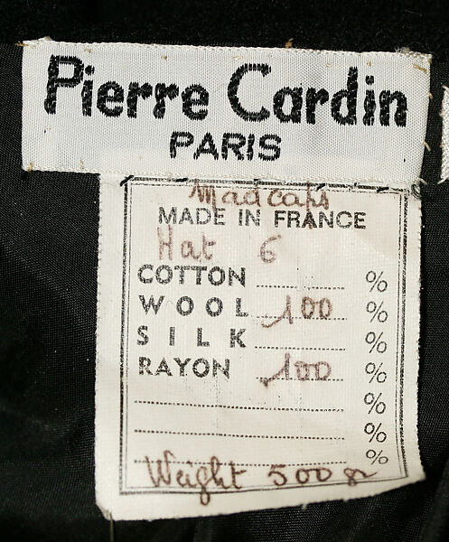 Hat, Pierre Cardin (French (born Italy), San Biagio di Callalta 1922–2020 Neuilly), wool, French