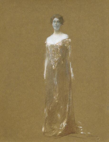 The Evening Dress, Thomas Wilmer Dewing (American, 1851–1938), Pastel on brown paper cardboard, American