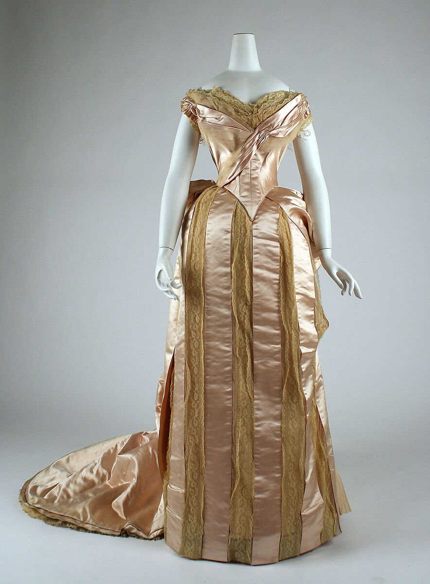 Evening ensemble, (a, b, c) silk, cotton; (d, e) silk, leather, British